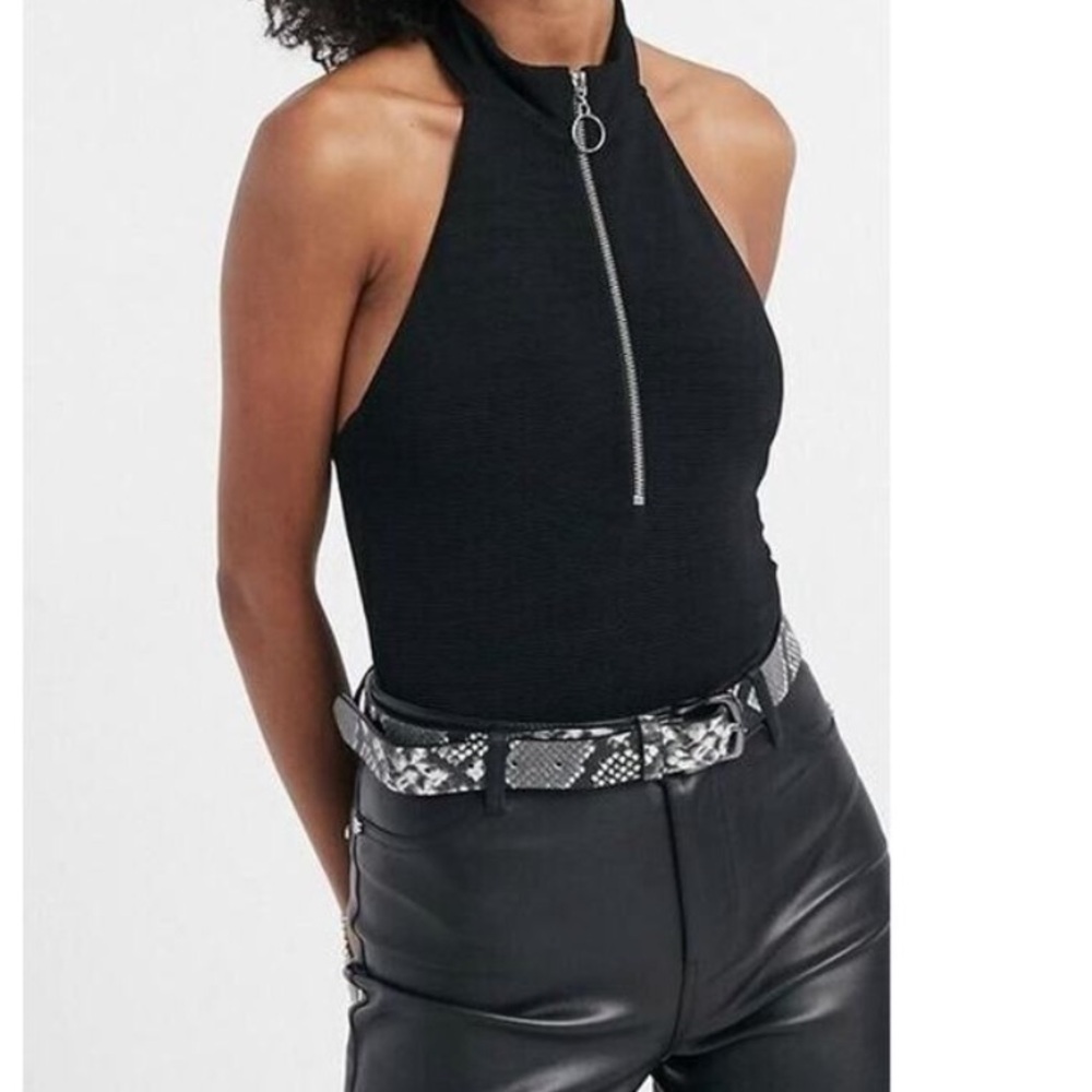 Topshop Black Zip Front Halter Bodysuit, Size 4
